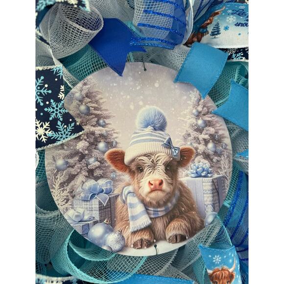 Winter Highland Cow Wreath Blue White Let It Snow Holiday Decor Christmas Decor - Picture 2 of 6